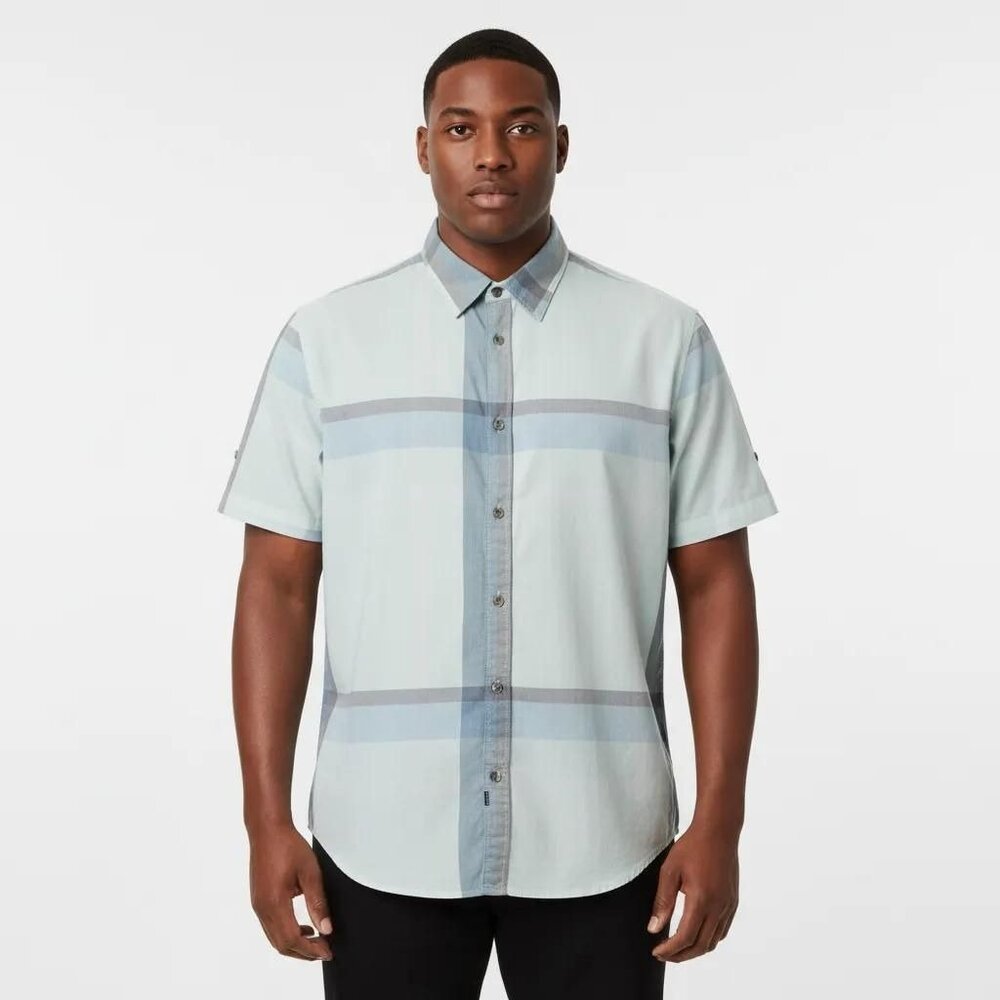 Calvin Klein Jeans Mens Windowpane Plaid Short Sleeve Shirt Light Blue/Multi XXL